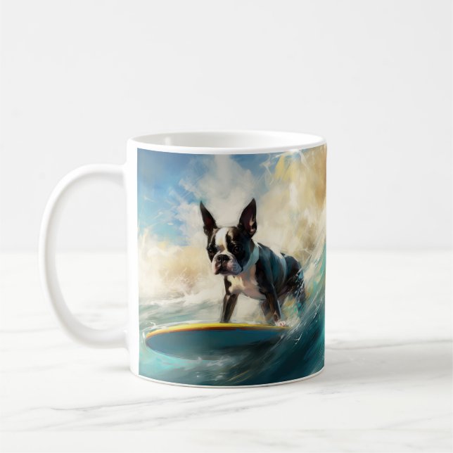 Boston Terrier Beach Surfing Painting Kaffemugg (Vänster)