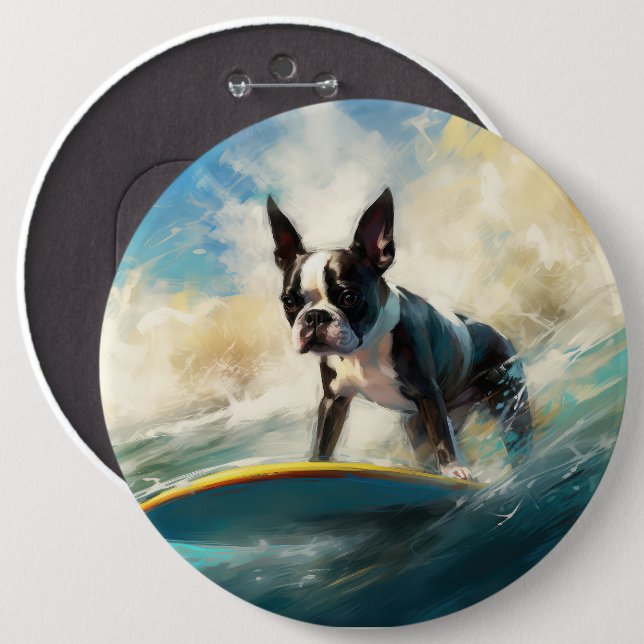 Boston Terrier Beach Surfing Painting Knapp (Framsida & baksida)