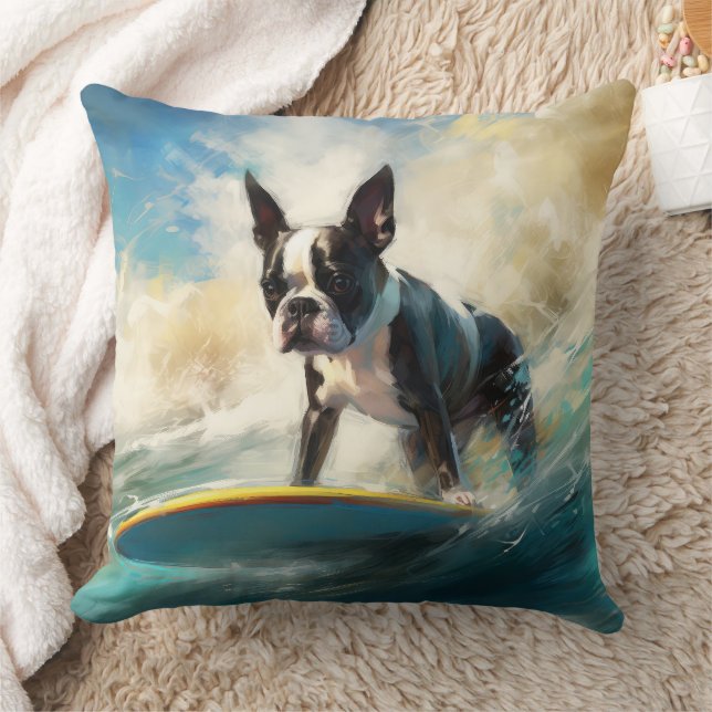 Boston Terrier Beach Surfing Painting Kudde (Filt)