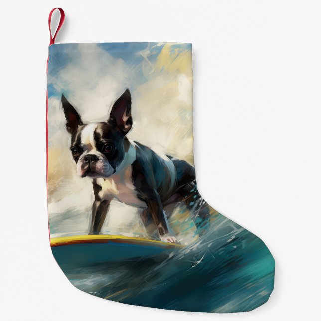 Boston Terrier Beach Surfing Painting Liten Julstrumpa (Framsidan)