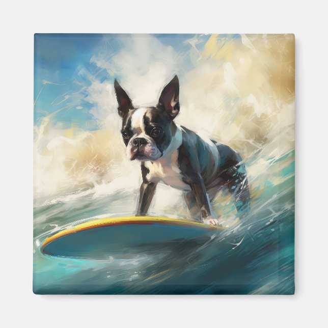 Boston Terrier Beach Surfing Painting Magnet (Framsidan)
