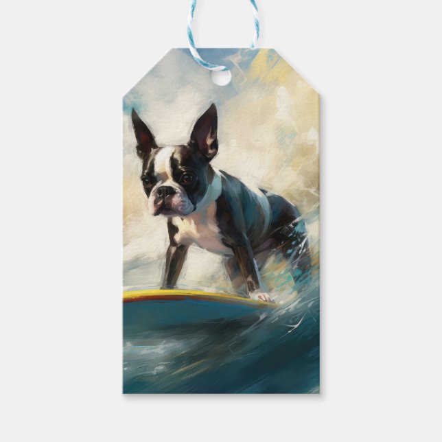 Boston Terrier Beach Surfing Painting Presentetikett (Framsidan)