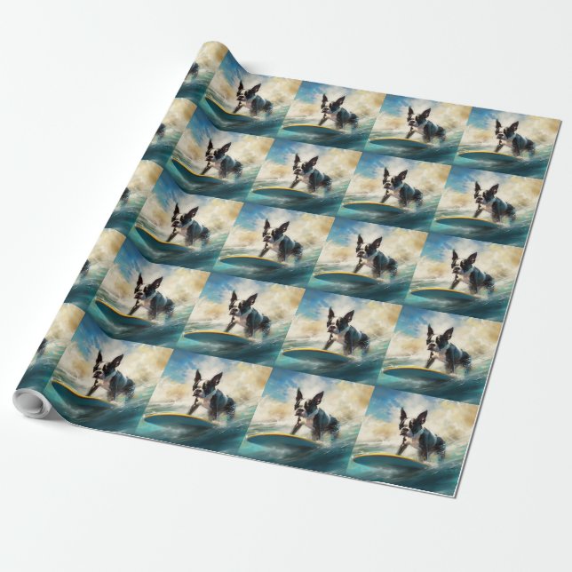 Boston Terrier Beach Surfing Painting Presentpapper (Utrullad)