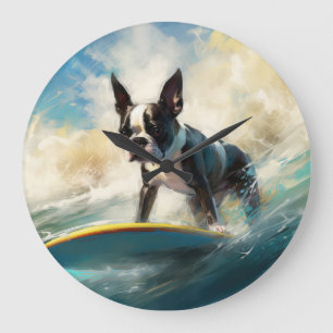 Boston Terrier Beach Surfing Painting Stor Klocka