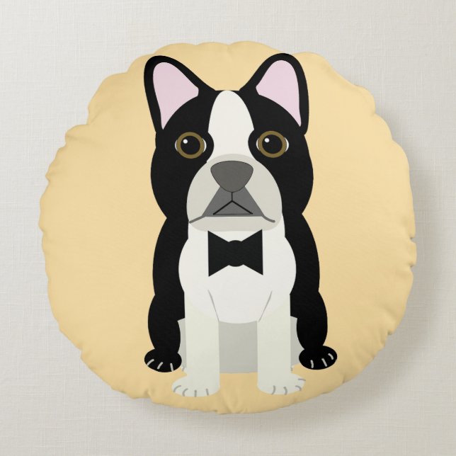 Boston Terrier beige Rund Kudde (Framsidan)