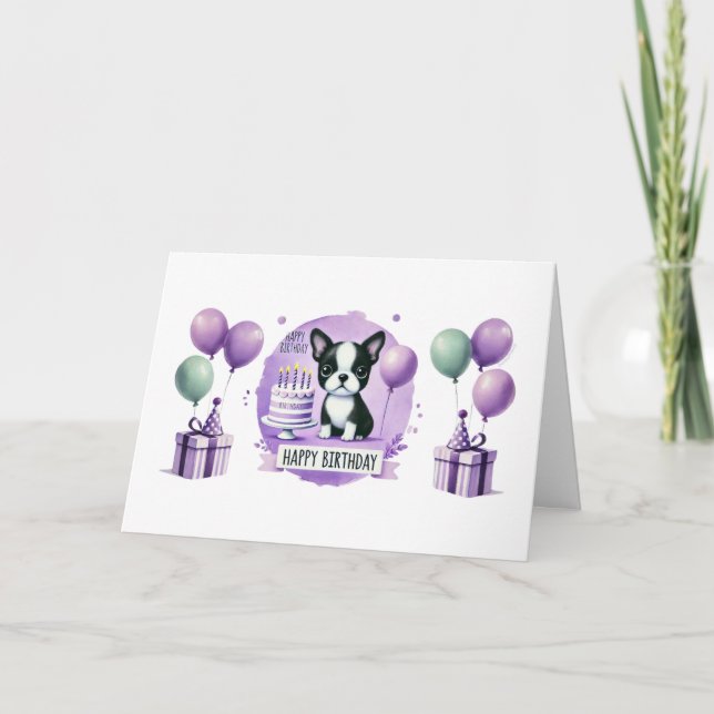 Boston Terrier Birthday Card - vattenfärgsutskrift Tack Kort (Framsida)