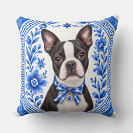Boston Terrier Blå Chinoiserie Blommig Kastrull Kudde