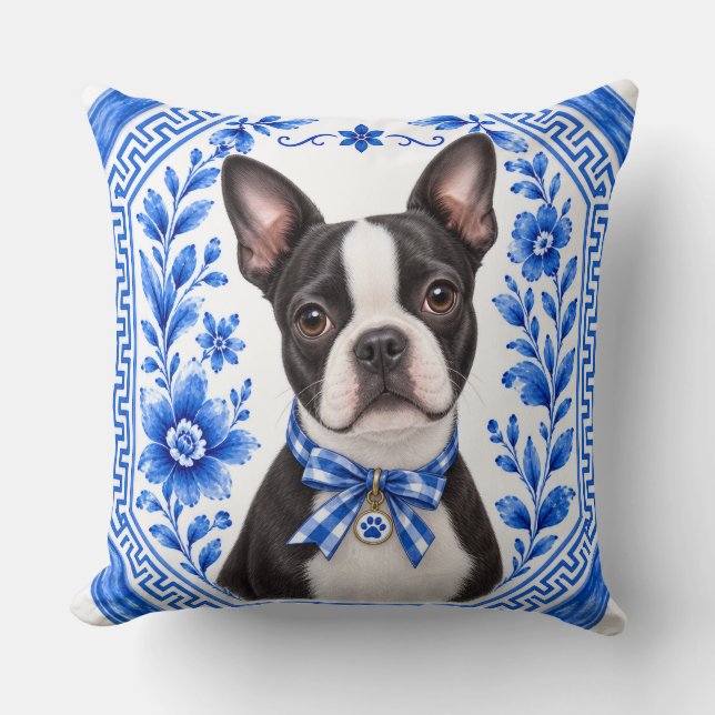 Boston Terrier Blå Chinoiserie Blommig Kastrull Kudde (Framsida)
