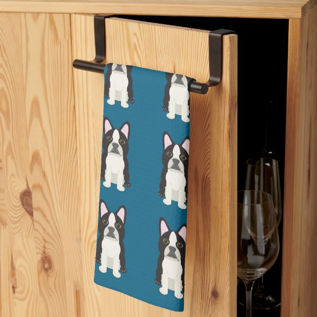 Boston Terrier blå Kökshandduk (Thirds Fold)