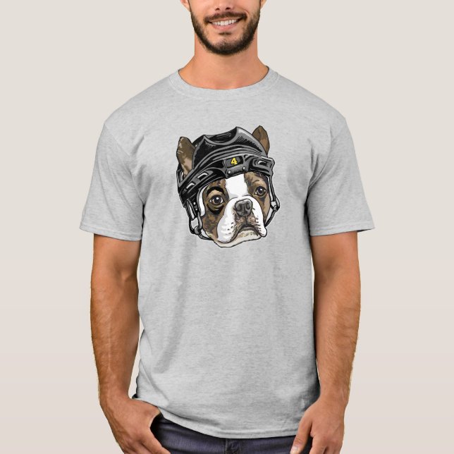 Boston Terrier Black Hockey Helmet T Shirt (Framsida)