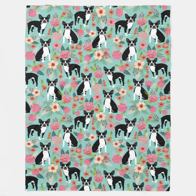 Boston Terrier Blommigt Blanket - söt vintage flor Fleecefilt (Framsidan)