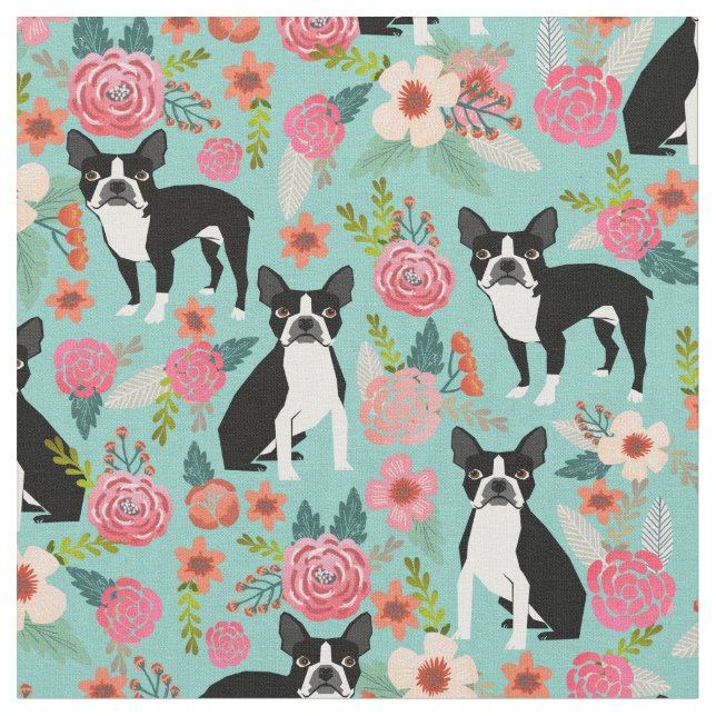 Boston Terrier-blommigtar - söt design Tyg (Närbild)