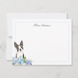Boston Terrier Blue Hydrangea Personlig Anteckningskort