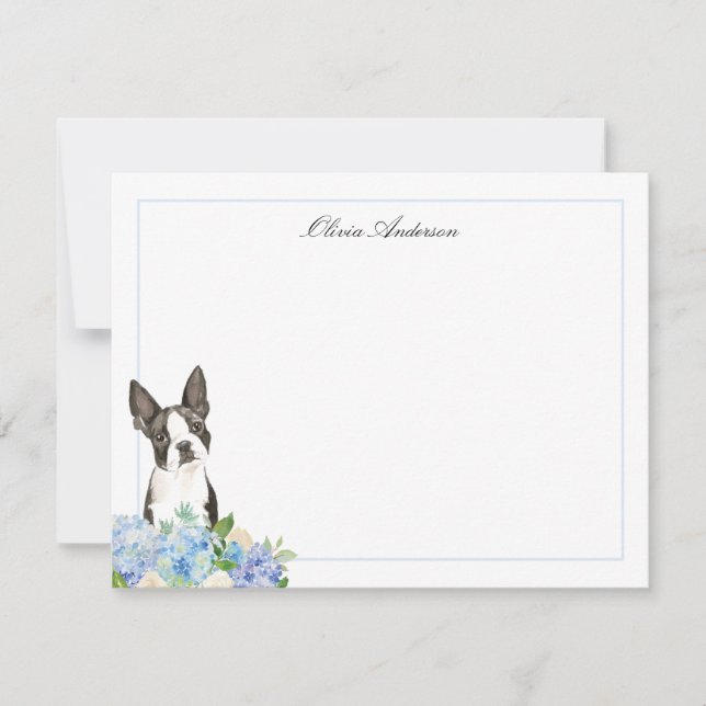 Boston Terrier Blue Hydrangea Personlig Anteckningskort (Framsida)