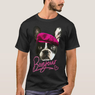 Boston Terrier Bonjour Rosa Heart Fransk T Shirt