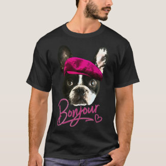 Boston Terrier Bonjour Rosa Heart Fransk T Shirt