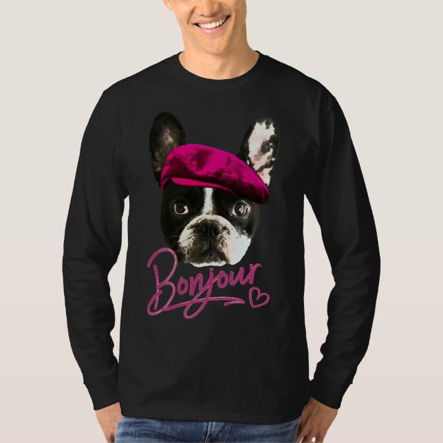 Boston Terrier Bonjour Rosa Heart Fransk T Shirt (Framsida)
