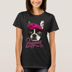 Boston Terrier Bonjour Rosa Heart Fransk T Shirt