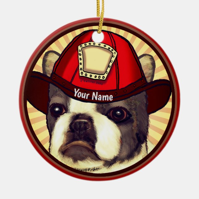 Boston Terrier Brandman  Julgransprydnad Keramik (Framsidan)