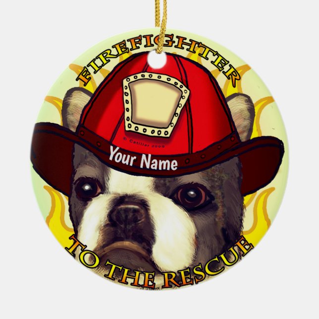 Boston Terrier Brandman Julgransprydnad Keramik (Framsidan)