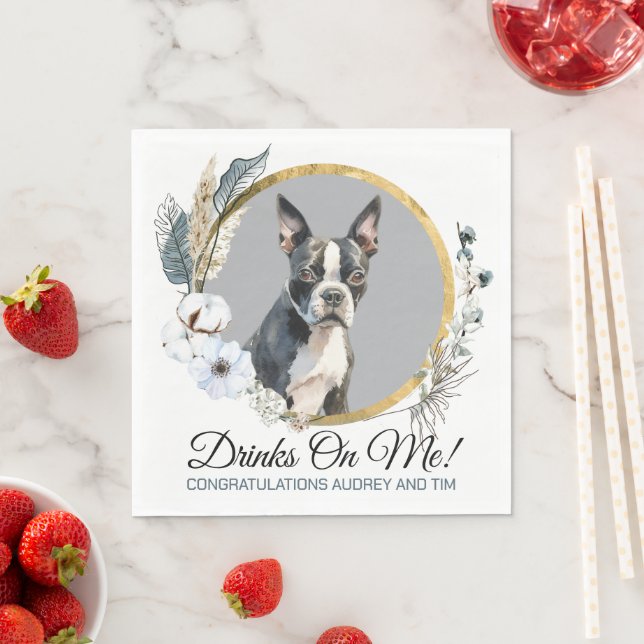 Boston Terrier Bröllopsservetter Med Hund Foto Pappersservett (Insitu)