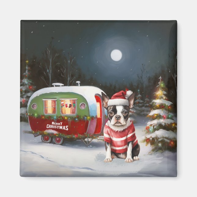 Boston Terrier Caravan jul Äventyr Magnet (Framsidan)