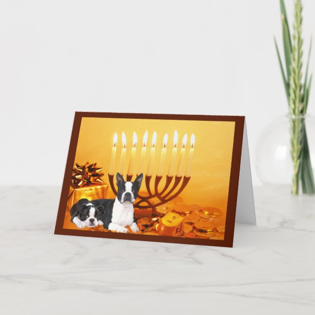 Boston Terrier Chanukah Card Menorah1 Helgkort (Framsida)