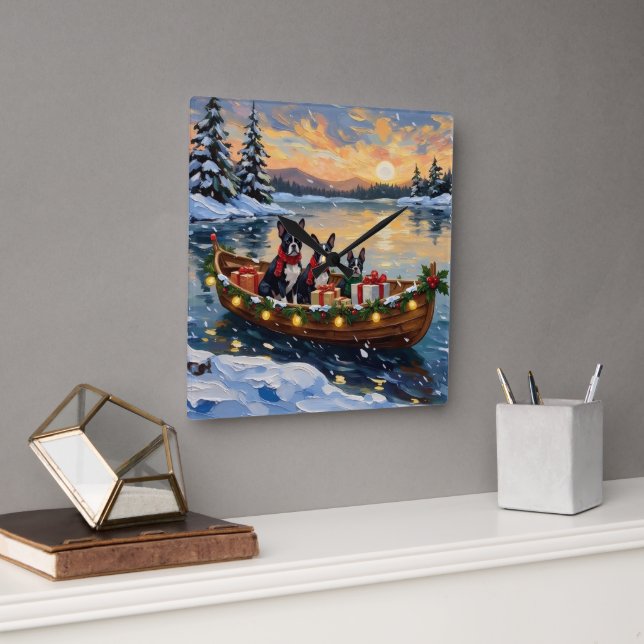Boston Terrier Christmas Boat Holiday Fyrkantig Klocka (Kontor)
