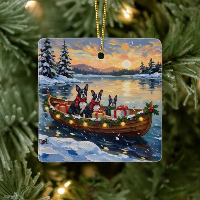 Boston Terrier Christmas Boat Holiday Julgransprydnad Keramik (Träd)