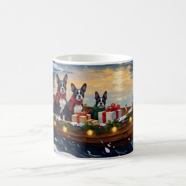 Boston Terrier Christmas Boat Holiday Kaffemugg (Center)