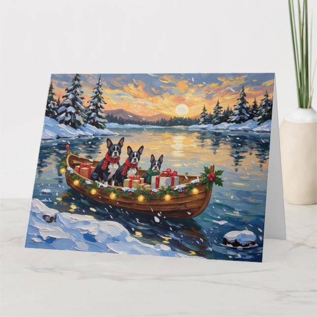 Boston Terrier Christmas Boat Holiday Kort (Framsida)