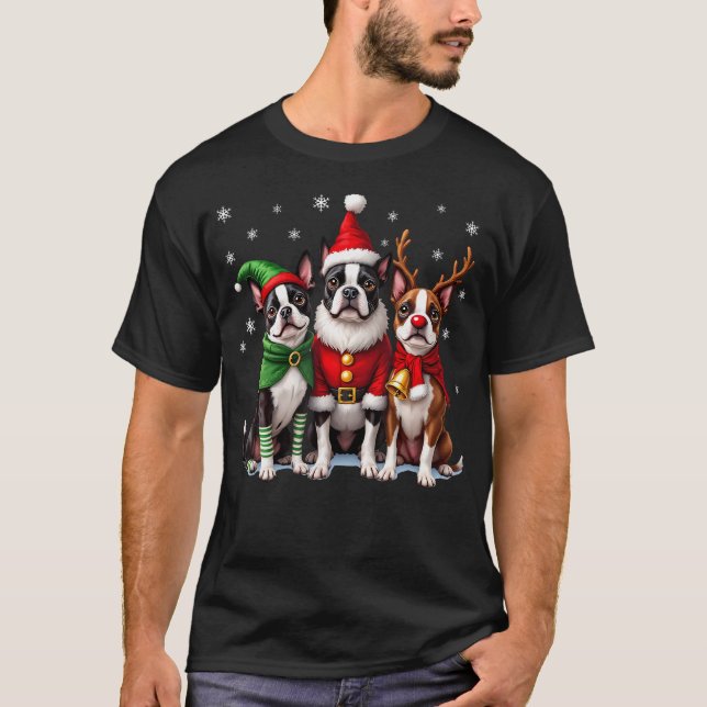 Boston Terrier Christmas Dogs Funny Santa Reindeer T Shirt (Framsida)