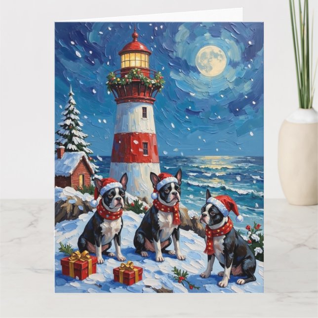 Boston Terrier Christmas Lighthouse Holiday Kort (Framsida)