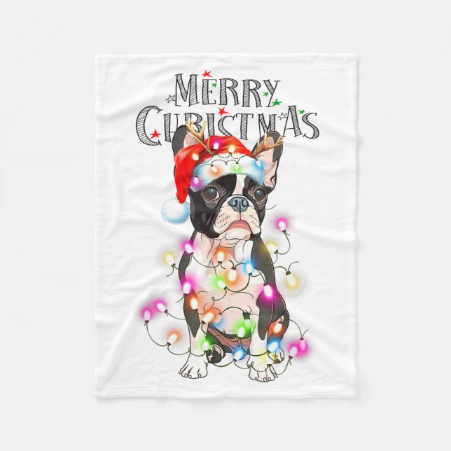 Boston Terrier Christmas Lights Xmas Dog  Fleecefilt (Framsidan)