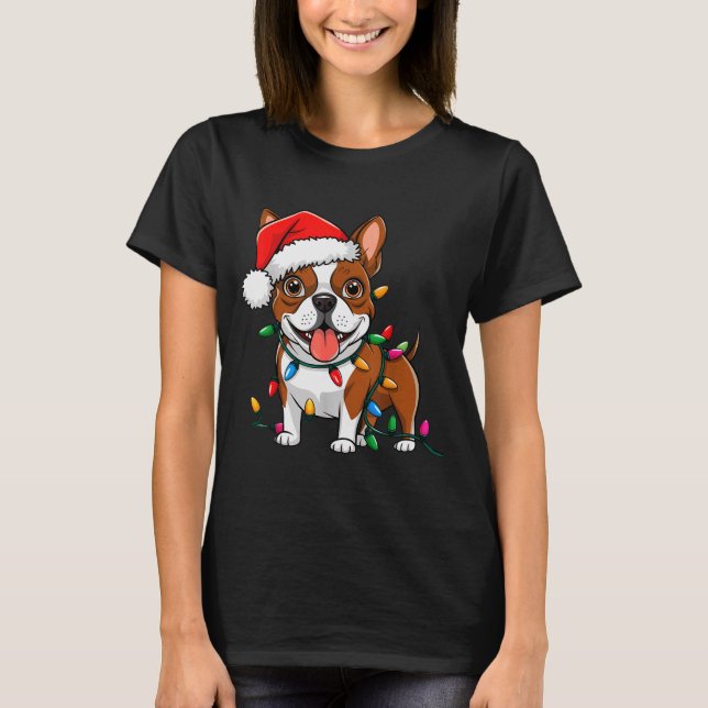 Boston Terrier Christmas Lights Xmas Dogs Men Wome T Shirt (Framsida)