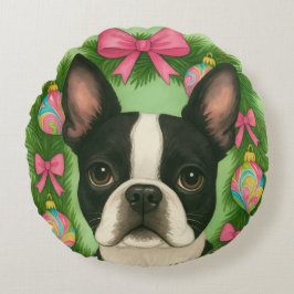 Boston Terrier Christmas Pillow Rund Kudde