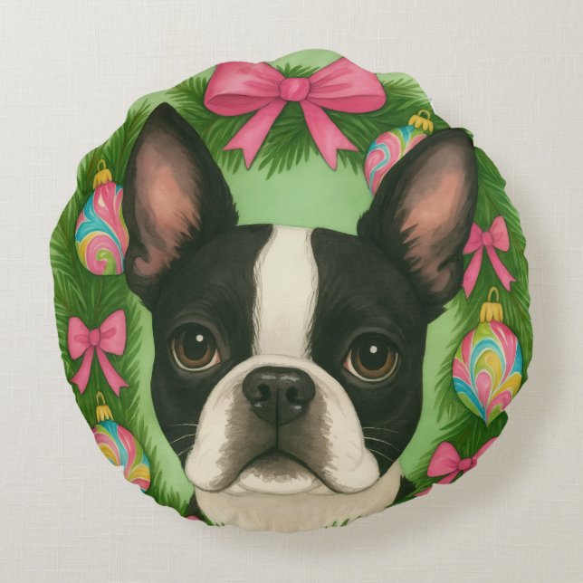 Boston Terrier Christmas Pillow Rund Kudde (Baksidan)