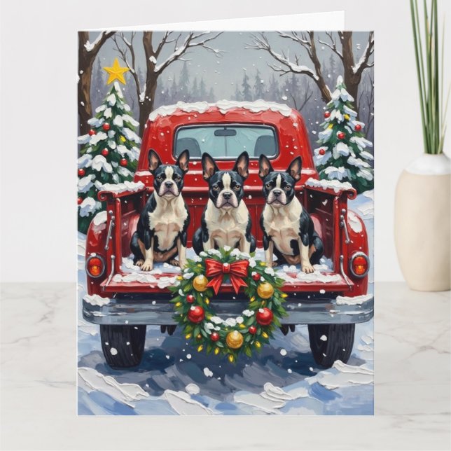 Boston Terrier Christmas Red Truck Holiday Kort (Framsida)