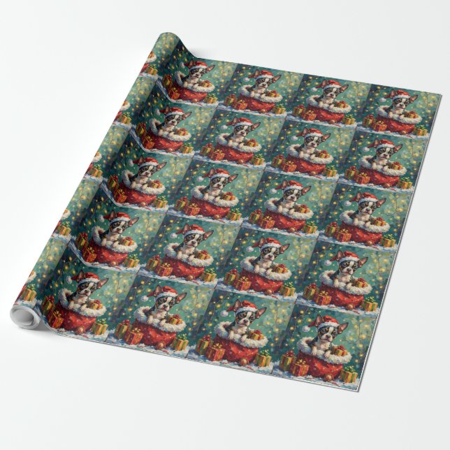 Boston Terrier Christmas Santa Bag Adventure Presentpapper (Utrullad)
