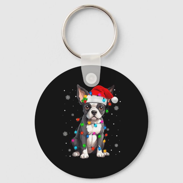 Boston Terrier Christmas Santa Hat  Nyckelring (Framsida)