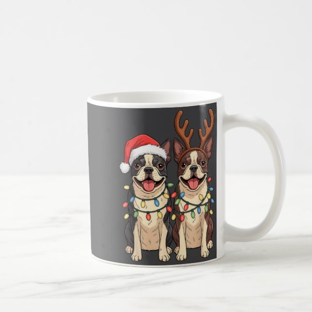 Boston Terrier Christmas Santa Hat Reindeer Lights Kaffemugg (Höger)