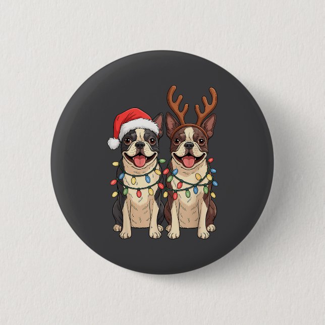 Boston Terrier Christmas Santa Hat Reindeer Lights Knapp (Framsida)