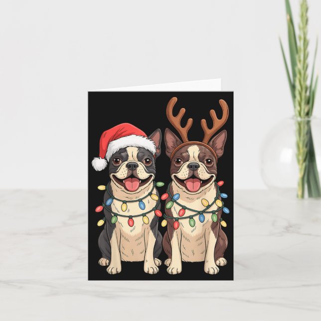 Boston Terrier Christmas Santa Hat Reindeer Lights Kort (Framsida)