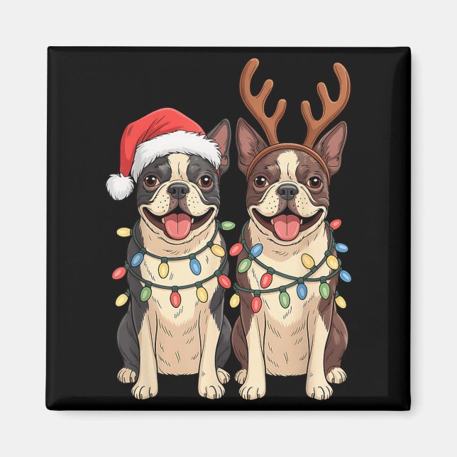 Boston Terrier Christmas Santa Hat Reindeer Lights Magnet (Framsidan)