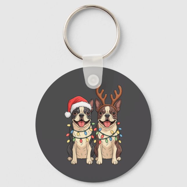 Boston Terrier Christmas Santa Hat Reindeer Lights Nyckelring (Framsida)