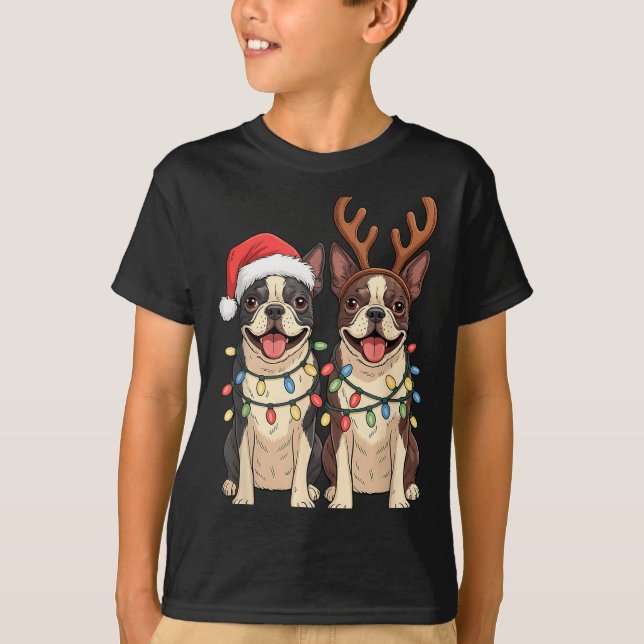 Boston Terrier Christmas Santa Hat Reindeer Lights T Shirt (Framsida)