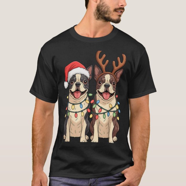 Boston Terrier Christmas Santa Hat Reindeer Lights T Shirt (Framsida)