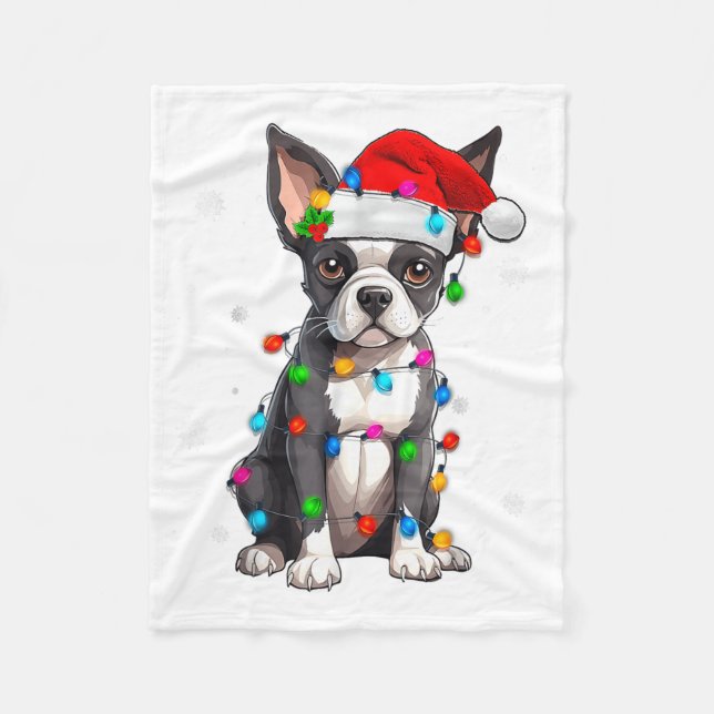 Boston Terrier Christmas Santa Hat Tree Lights Paj Fleecefilt (Framsidan)