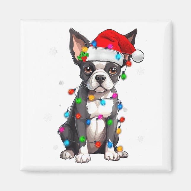 Boston Terrier Christmas Santa Hat Tree Lights Paj Magnet (Framsidan)
