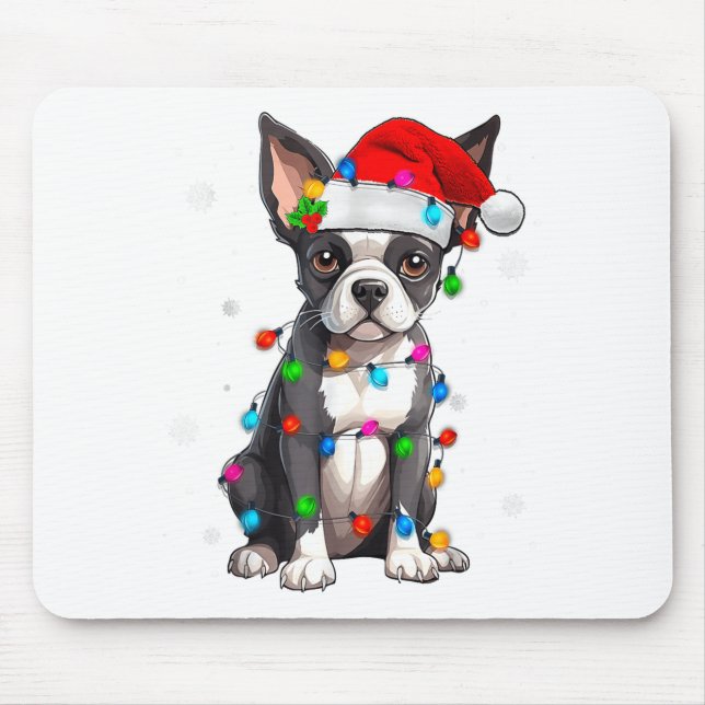 Boston Terrier Christmas Santa Hat Tree Lights Paj Musmatta (Framsidan)